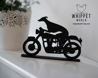 Whippet Greyhound riding a motorbike scooter or bicycle silhouette ornament. Gift for whippet lover. TV topper. Painted black or oak stain.