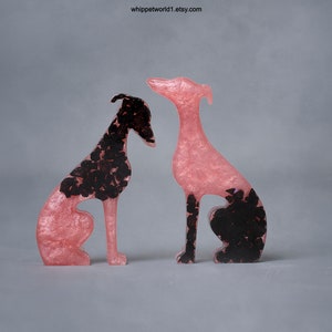 Greyhound ornaments, Mini resin whippets, dog figures, Sighthound statues, Gift for dog lover. Whippet Greyhound gift. Pink black design
