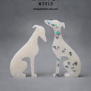 Greyhound ornaments, Mini resin whippets, dog figures, Sighthound statues, Gift for dog lover. Whippet Greyhound gift. White & silver flake