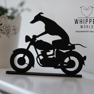 Whippet Greyhound riding a motorbike scooter or bicycle silhouette ornament. Gift for whippet lover. TV topper. Painted black or oak stain. image 10