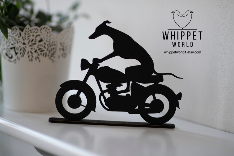 Whippet Greyhound riding a motorbike scooter or bicycle silhouette ornament. Gift for whippet lover. TV topper. Painted black or oak stain. image 10