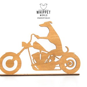 Whippet Greyhound riding a motorbike scooter or bicycle silhouette ornament. Gift for whippet lover. TV topper. Painted black or oak stain. Design 4