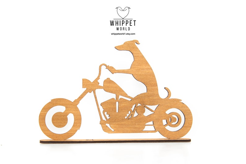 Whippet Greyhound riding a motorbike scooter or bicycle silhouette ornament. Gift for whippet lover. TV topper. Painted black or oak stain. Design 4