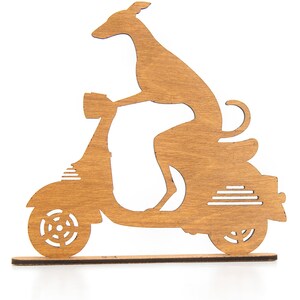 Whippet Greyhound riding a motorbike scooter or bicycle silhouette ornament. Gift for whippet lover. TV topper. Painted black or oak stain. image 2