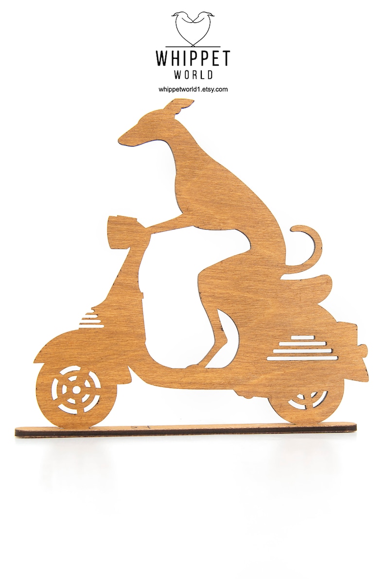 Whippet Greyhound riding a motorbike scooter or bicycle silhouette ornament. Gift for whippet lover. TV topper. Painted black or oak stain. image 2