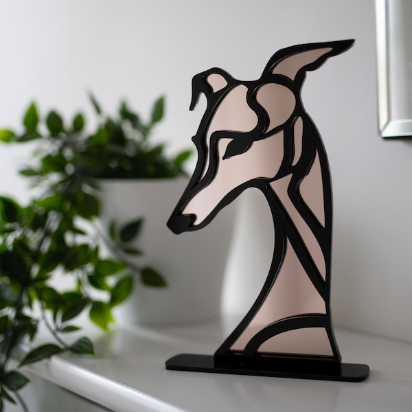 Geometric Whippet Ornament, Modern Greyhound Acrylic Sculpture, Mirror Gold Silver Pink