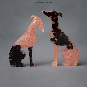 Greyhound ornaments, Mini resin whippets, dog figures, Sighthound statues, Gift for dog lover. Whippet Greyhound gift. Peach/black design