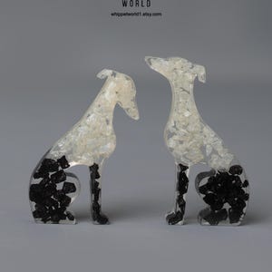 Greyhound ornaments, Mini resin whippets, dog figures, Sighthound statues, Gift for dog lover. Whippet Greyhound gift. White/black design