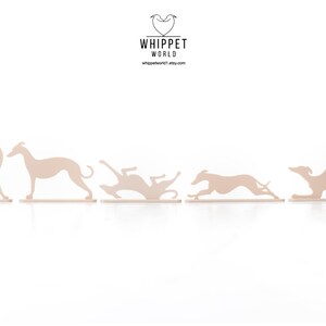 May include: A series of five light brown whippet dog silhouettes in various poses, including sitting, standing, rolling, running, and bowing. The Whippet World logo and Etsy shop URL are at the top.
