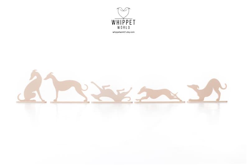 May include: A series of five light brown whippet dog silhouettes in various poses, including sitting, standing, rolling, running, and bowing. The Whippet World logo and Etsy shop URL are at the top.