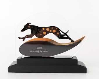 Op de afbeelding: Een trofee van helder acryl met een zwart silhouet van een rennende windhond met zeshoekige uitsparingen. De voet is zwart en rechthoekig. De trofee bevat de gegraveerde tekst 2026 Yearling Winner op een donker, gebogen, golfvormig element.