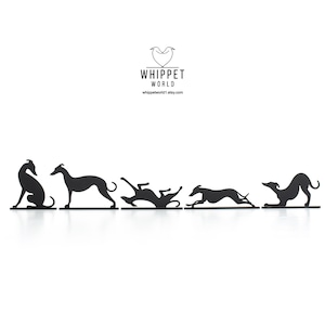 May include: Black metal Whippet dog silhouettes in various poses, including sitting, standing, and running. The silhouettes are arranged in a row, with the Whippet World logo at the top. The background is white.