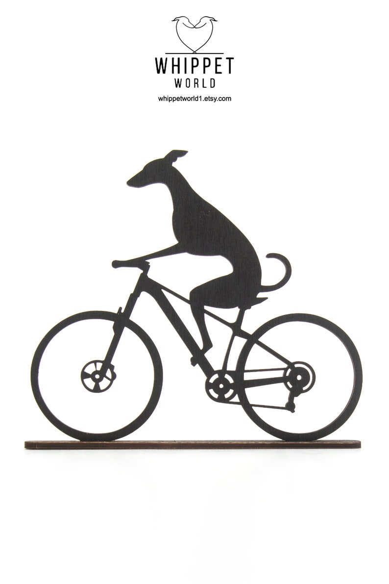 Whippet Greyhound riding a motorbike scooter or bicycle silhouette ornament. Gift for whippet lover. TV topper. Painted black or oak stain. Design 6