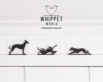Whippet Greyhound TV topper ornaments. Door frame wooden dogs. Sighthound models. Gift for whippet lover. Dog silhouette. Black or oak.