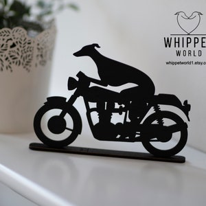 Whippet Greyhound riding a motorbike scooter or bicycle silhouette ornament. Gift for whippet lover. TV topper. Painted black or oak stain. image 9