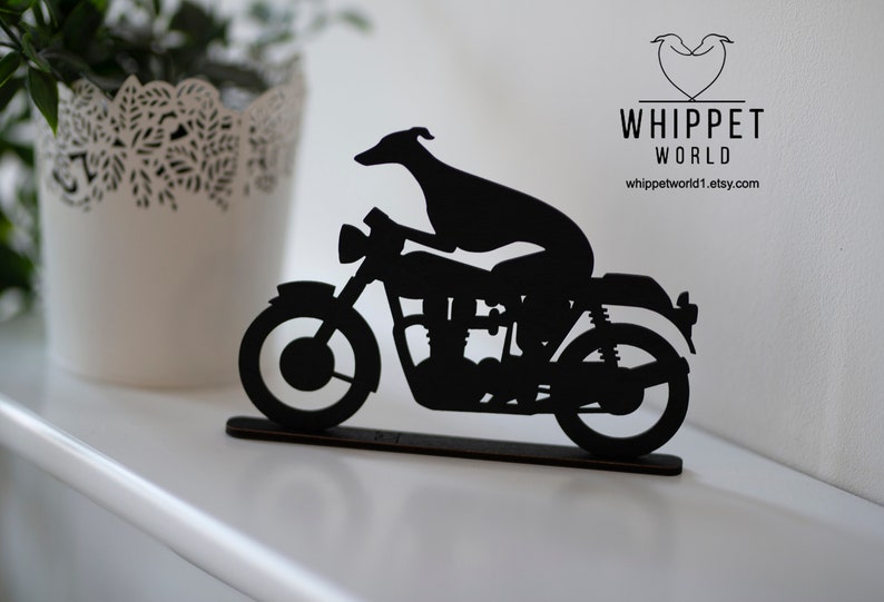 Whippet Greyhound riding a motorbike scooter or bicycle silhouette ornament. Gift for whippet lover. TV topper. Painted black or oak stain. image 9