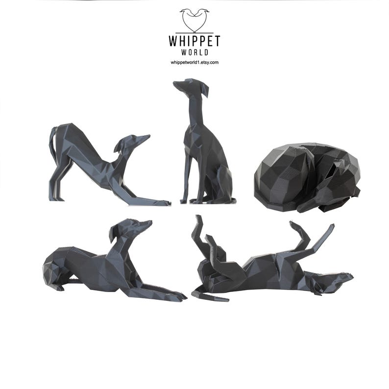 K&ouml;nnte beinhalten: Eine Sammlung geometrischer, dunkelgrauer Windhund-Skulpturen in verschiedenen Posen. Eine steht, eine andere ist zusammengerollt, und andere befinden sich in spielerischen Positionen. Das Logo "WHIPPET WORLD" befindet sich oben.
