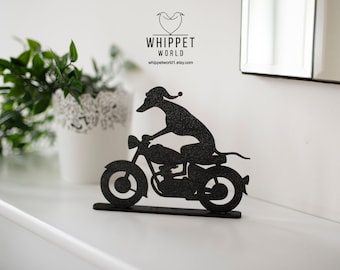 Christmas Whippet Greyhound riding a motorbike silhouette ornament. With Santa hat. Gift for whippet lover. TV topper.Black sparkly.