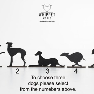 Pode incluir: Cinco imagens em silhueta preta de Whippets em diferentes poses. Para escolher tr&ecirc;s c&atilde;es, por favor selecione dos n&uacute;meros acima. Whippet World, whippetworld1.etsy.com