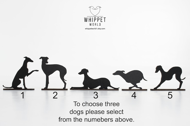 Pode incluir: Cinco imagens em silhueta preta de Whippets em diferentes poses. Para escolher tr&ecirc;s c&atilde;es, por favor selecione dos n&uacute;meros acima. Whippet World, whippetworld1.etsy.com