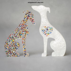 Greyhound ornaments, Mini resin whippets, dog figures, Sighthound statues, Gift for dog lover. Whippet Greyhound gift. White multi sparkle