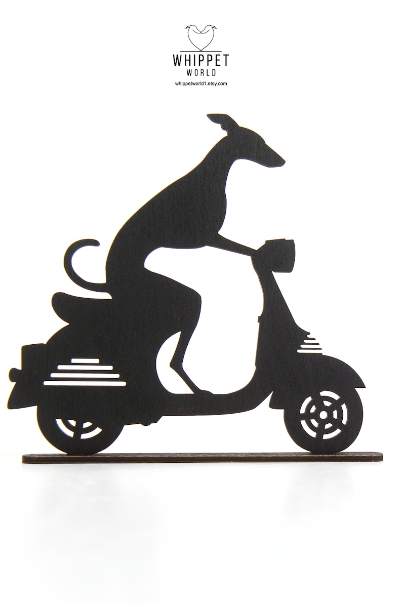 Whippet Greyhound riding a motorbike scooter or bicycle silhouette ornament. Gift for whippet lover. TV topper. Painted black or oak stain. Design 5