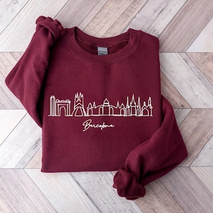 Haftowana bluza Barcelona Skyline Unisex - sweter Hiszpania - wybór kolorów - okrągły dekolt, koszula Barcelona, prezent pamiątkowy Barcelona