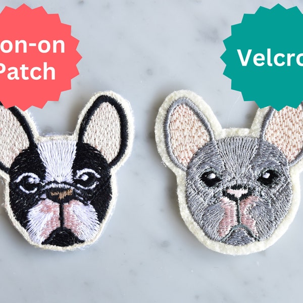 French Bulldog Patch Iron-on / Velcr0 Embroidered - Color Choice - Personalized Name - Cute Dog Frenchie - Animal patch design