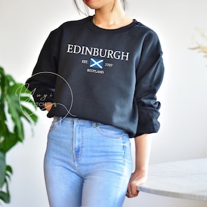 EMBROIDERED Edinburgh Unisex Sweatshirt, Scotland Sweatshirt, Embroidered Edinburgh Crewneck Sweater, Cityscape, Scotland Crewneck, UK shirt