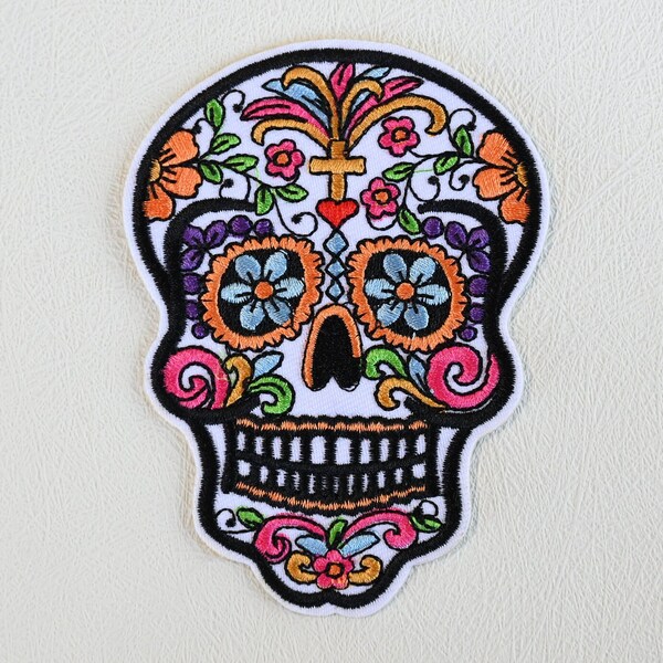 Sugar Skull patch Embroidered iron-on, Dia de los Muertos Day of the Dead, Skull art, festive floral appliqué for clothing, jacket, backpack