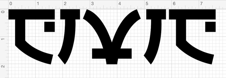 May include: Black stylized characters arranged horizontally. The characters have a bold, geometric design, with a mix of straight lines and curved segments. The background is a grid pattern.