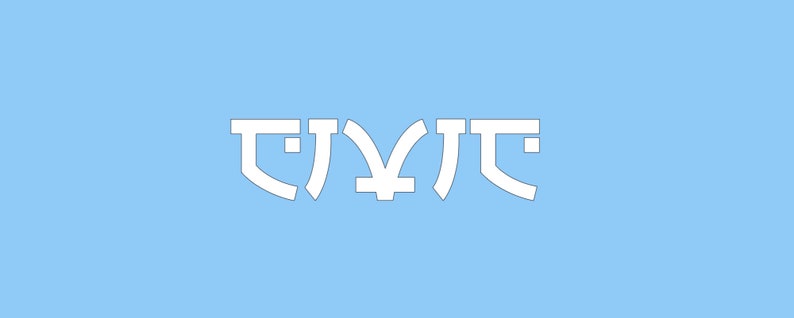 May include: White stylized text on a light blue background. The text appears to be a single word or a short phrase, with a unique, angular font. The design is simple and modern, with a clean aesthetic.