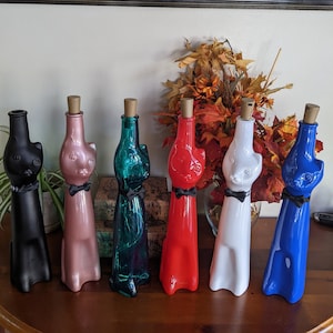 Moselland cat shaped collectible wine bottle light up cycled handmade  home decor cat lover gift fairy light cat bottle decorated bow tie