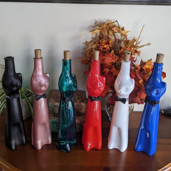 Moselland cat shaped collectible wine bottle light up cycled handmade  home decor cat lover gift fairy light cat bottle decorated bow tie