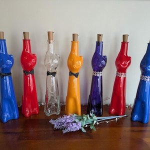 Moselland cat shaped collectible wine bottle light upcycled handmade  home decor cat lover gift fairy light cat bottle decorated bow tie gem