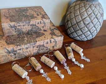 wine bottle cork keychain/angel keychain/keychain/upcycled keychain/pearl keychain/beaded keychain/unique gift/birthday/mom/mother&#39;s day