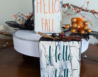 handmade reclaimed wood block seasonal decor decorative sign Halloween Fall holiday accent shelf sitter gift idea table display rustic