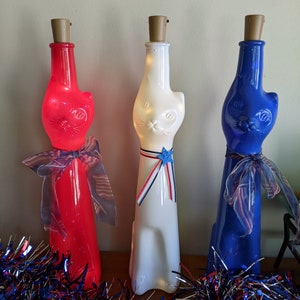 collectible Moselland patriotic cat shaped wine bottle light upcycled handmade home decor cat lover unique gift red white blue July 4th flag