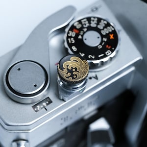 Brass Shutter Button Black Gold, Seigaiha Wave Engraving, For Leica Fuji Canon, Vintage Camera Accessory, Japanese Detail