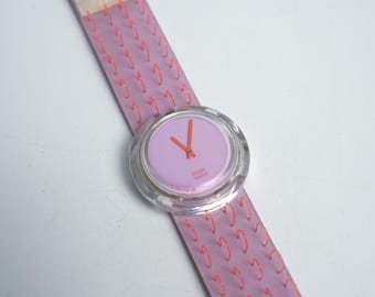 Vintage Swatch Pop Watch 2001, lavender pink dial, neon orange hands, transparent case, Pop PMK141, Y2K retro style, crochet pattern strap
