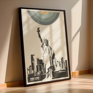 Poster di New York – Statua della Libertà e skyline in stile Bauhaus vintage – Incorniciato – stampa artistica retrò