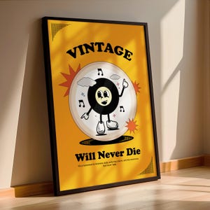 Vintage will never die poster, retro vinyl cartoon print | Oranje muziek illustratie, typografie art | Muziekliefhebber wanddecoratie