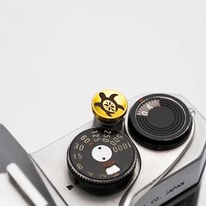 May include: A close-up of a silver camera with a gold turtle-shaped button. The camera has a black dial with numbers and a black dial with a white circle in the center.