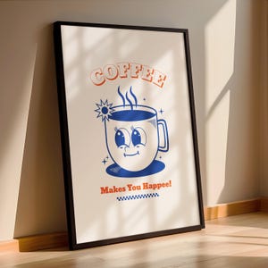 Coffee poster, retro cartoon stijl | Blauw oranje typografie print, vrolijke koffiekop illustratie | Vintage keukenwand decoratie