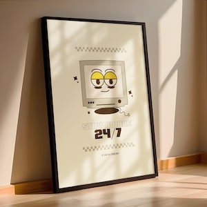 Stay Awake 24/7 poster, retro computer cartoon print | Vintage beige typografie design | Funny work from home wanddecoratie