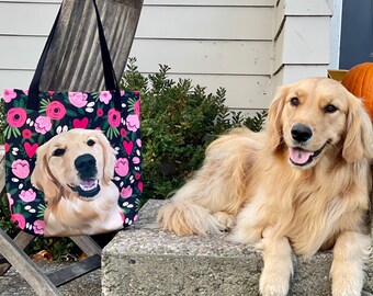 Anpassad hundväska, tygväska med husdjursporträtt, tygväska med hundmamma, personliga tygväskor, presenter till hundmamma, presenter till hundälskare, presenter till golden retriever