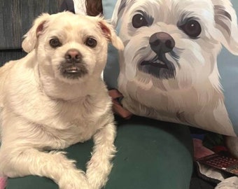 May include: A white dog with brown eyes and a black nose is sitting on a green couch. The dog is looking at the camera. There is a pillow with a cartoon dog on it behind the dog.