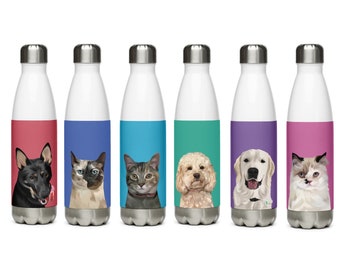 Custom Pet Portrait Water Bottle, Personalized Water Bottle, Stainless Steel, Dog Mom, Gifts for Pet Owners, Cat Dad gifts, Christmas Gifts