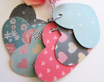 6 Heart Gift Tags, Multicolored Pastel Tags, Handmade, Soft Green, Red and Grey Hearts, Dots, Flowers, Gift Supplies, Gifting