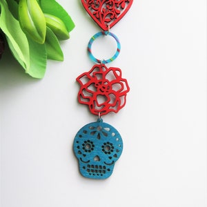 Turquoise Skull Ornament, Sugar Skull Ornament, Wooden Ornament, Red and Blue Skull Ornament, Day of the Dead, Home Decoration